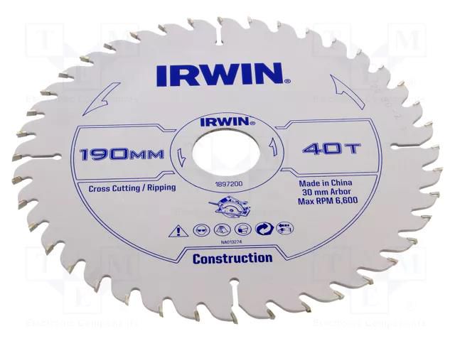 Circular saw; Ø: 190mm; Øhole: 30mm; Teeth: 40; wood IRWIN IRW-1897200