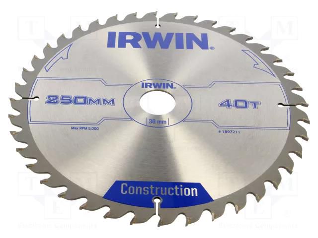 Circular saw; Ø: 250mm; Øhole: 30mm; Teeth: 40; wood IRWIN IRW-1897211