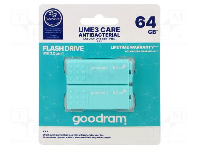 Pendrive; USB 3.2; 64GB; R: 60MB/s; W: 20MB/s; mint; USB A; 2pcs. GOODRAM UME3-0640CRR11-2P