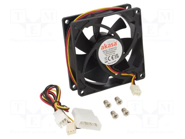 Fan: DC; axial; 12VDC; 80x80x25mm; 18.54dBA; EBR; 1800rpm; 1.68mmH2O Akasa AK-181BK-S