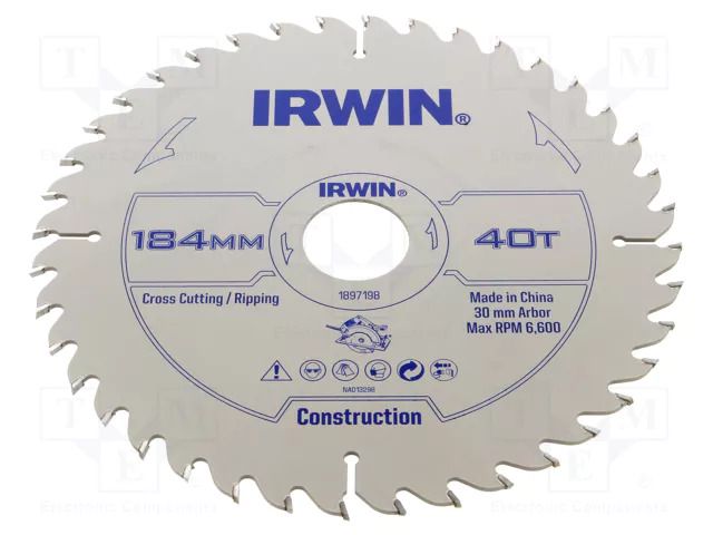 Circular saw; Ø: 184mm; Teeth: 40; wood; Holder: assembly hole; 30mm IRWIN IRW-1897198