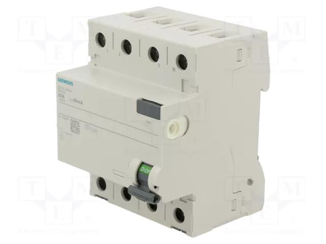 RCD breaker; Inom: 63A; Ires: 30mA; Poles: 3+N; 230/400VAC; IP20 SIEMENS 5SV4346-0