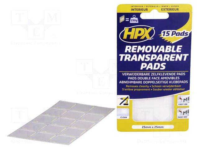 Tape: fixing; W: 25mm; L: 25mm; Thk: 0.5mm; acrylic; transparent HPX HPX-PADS-25X25