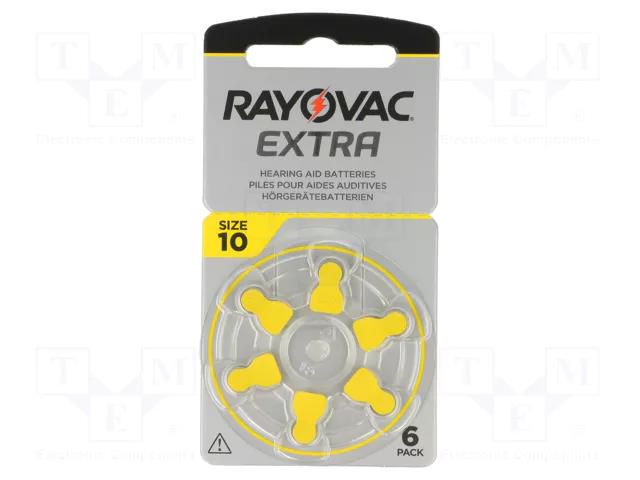 Battery: zinc air (ZnO2); AC10,coin,R536; 1.4V; 105mAh; 6pcs. RAYOVAC BAT-HA10