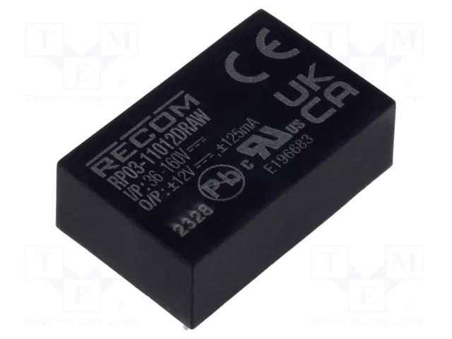 Converter: DC/DC; 3W; Uin: 36÷160VDC; Uout: 12VDC; Uout2: 12VDC RECOM RP03-11012DRAW
