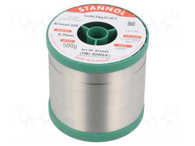 Tin; lead free; Sn96,5Ag3Cu0,5; 0.7mm; 500g; reel; 2.5% STANNOL SN955K605/0.7/0.5