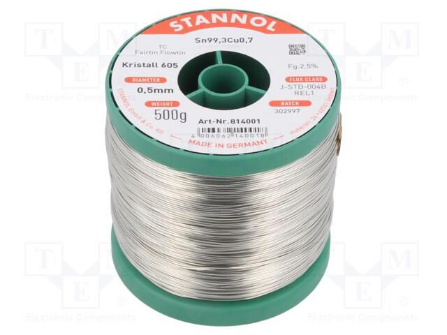 Tin; lead free; Sn96,5Ag3Cu0,5; 0.5mm; 500g; reel; 2.5% STANNOL SN955K605/0.5/0.5