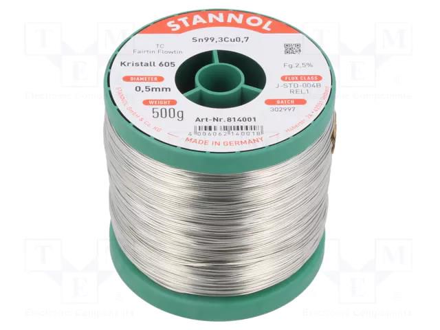 Tin; lead free; Sn99,3Cu0,7; 0.5mm; 500g; reel; 2.5%; Alloy: TC STANNOL S99C1K605/0.5/0.5