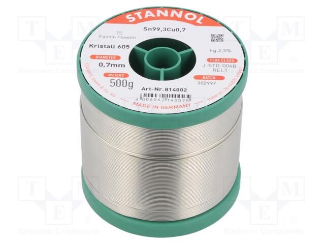 Tin; lead free; Sn99,3Cu0,7; 0.7mm; 500g; reel; 2.5%; Alloy: TC STANNOL S99C1K605/0.7/0.5