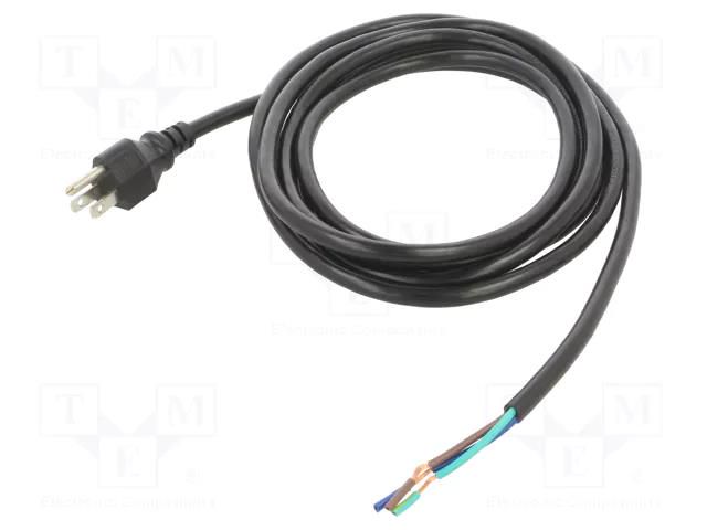 Cable; 3x16AWG; NEMA 5-15 (B) plug,wires; PVC; 3m; black; 13A; 125V Qualtek Electronics 311022-01