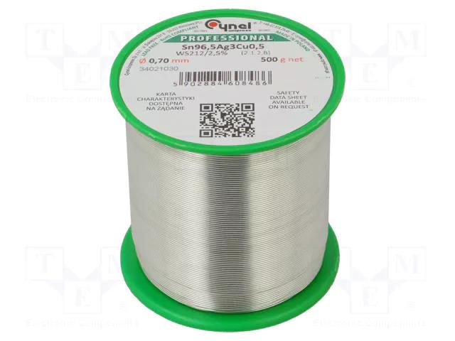 Tin; lead free; Sn96,5Ag3Cu0,5; 0.7mm; 500g; reel; 217÷220°C; 2.5% CYNEL SAC305-0.7/0.5WS