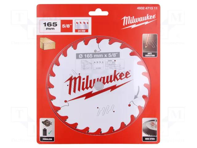 Circular saw; Ø: 165mm; Øhole: 15.87mm; W: 1.6mm; Teeth: 24; wood Milwaukee MW-4932471311