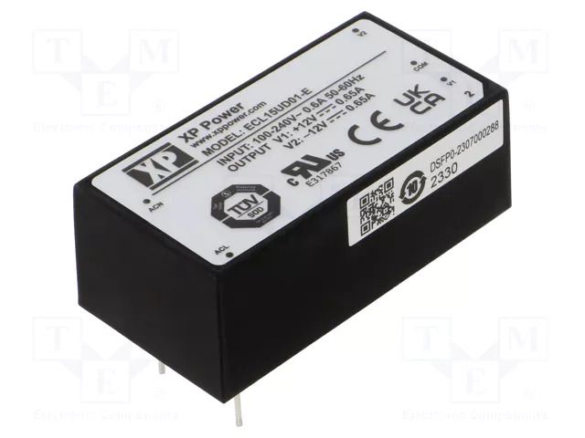 Converter: AC/DC; 15W; Uin: 85÷264VAC,120÷370VDC; Uout: 12VDC; 82% XP POWER ECL15UD01-E