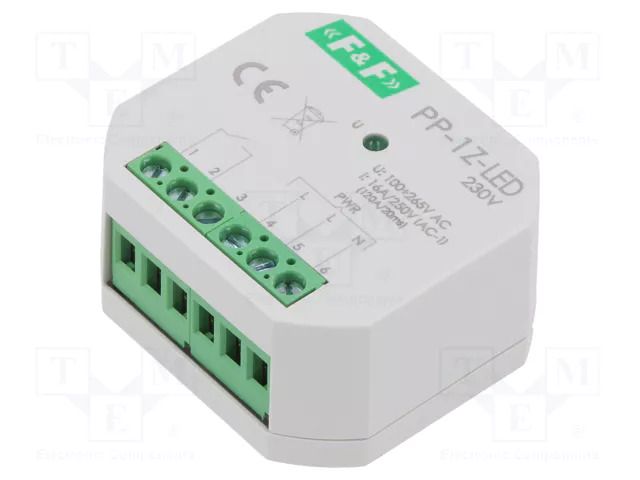 Relay: installation; in mounting box; 100÷265VAC; NO; IP20; 16A F&F PP-1Z-LED-230V