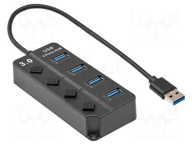 Hub USB; USB A socket x4,USB A plug; USB 3.0; with switch; black AKYGA AK-AD-33