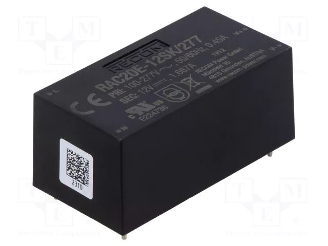 Converter: AC/DC; 20W; Uin: 85÷305VAC; 12VDC; Iout: 1667mA; 83%; PCB RECOM RAC20E-12SK/277