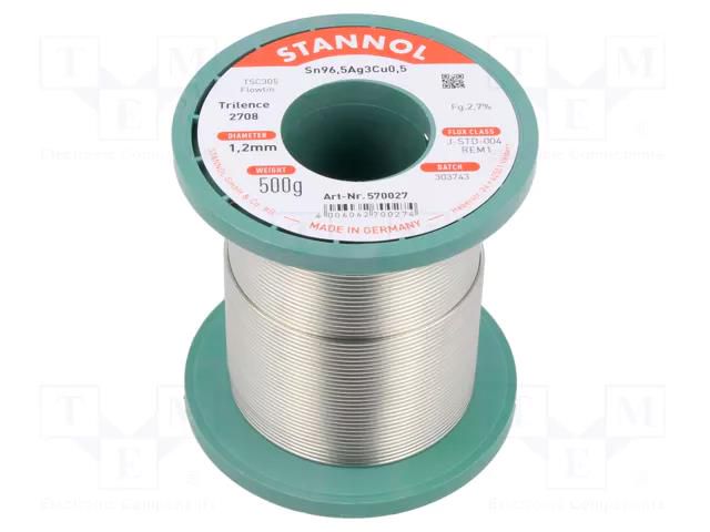 Tin; lead free; Sn96,5Ag3Cu0,5; 1.2mm; 500g; reel; 2.7%; Flux: SW26 STANNOL SN955T2708/1.2/0.5