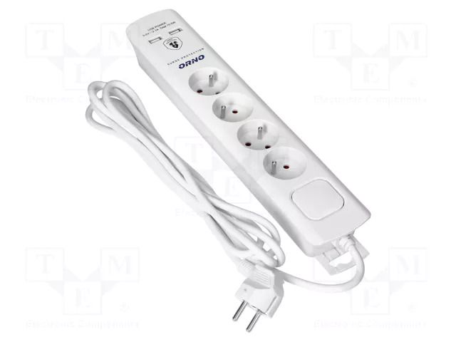 Plug socket strip: protective; Sockets: 4; 230VAC; 10A; white; 3m ORNO OR-AE-13243/W/3M