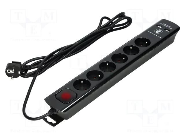 Plug socket strip: protective; Sockets: 6; 230VAC; 10A; black; 3m ORNO OR-AE-13163/B/3M
