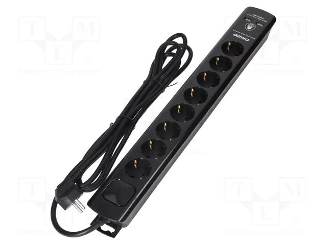Plug socket strip: protective; Sockets: 8; 230VAC; 16A; black; 3m ORNO ORAE13244GS/B/3M