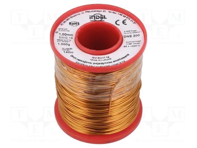 Coil wire; single coated enamelled; 1mm; 1kg; -65÷200°C; Core: Cu INDEL DNE1.00-1.00