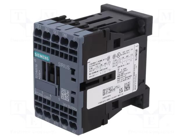 Contactor: 3-pole; NO x3; Auxiliary contacts: NO; 24VAC; 9A; 3RT20 SIEMENS 3RT2016-2AB01