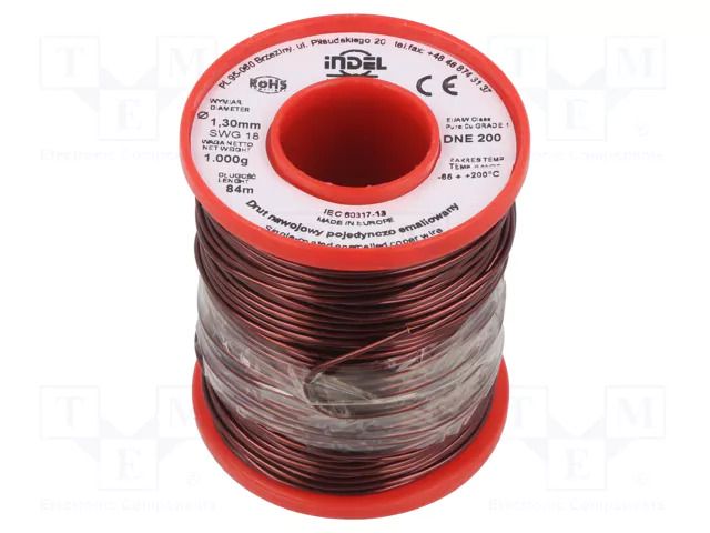Coil wire; single coated enamelled; 1.3mm; 1kg; -65÷200°C INDEL DNE1.30-1.00