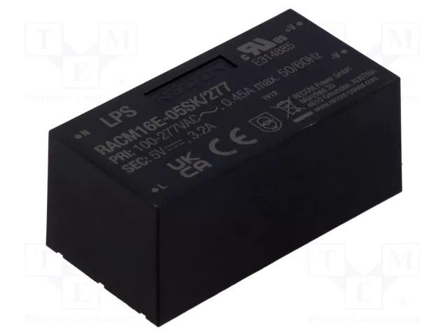Converter: AC/DC; 16W; Uin: 85÷305VAC; Uout: 5VDC; Iout: 3.2A; 82% RECOM RACM16E-05SK/277