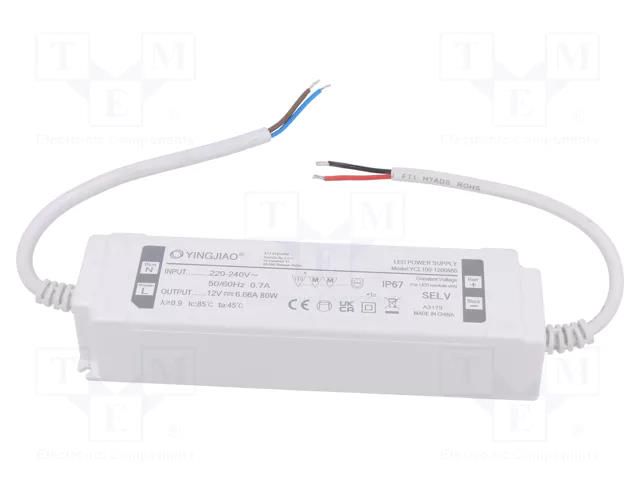 Power supply: switching; LED; 80W; 12VDC; 6.66A; 220÷240VAC; IP67 YINGJIAO YCL100-80-12