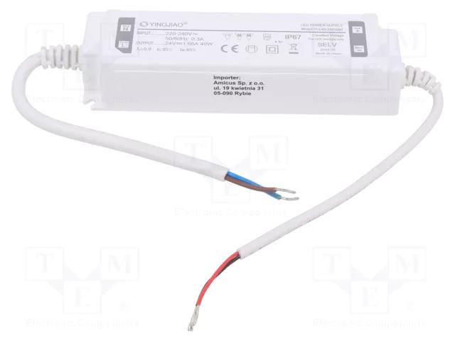 Power supply: switching; LED; 40W; 24VDC; 1.66A; 220÷240VAC; IP67 YINGJIAO YCL40-40-24