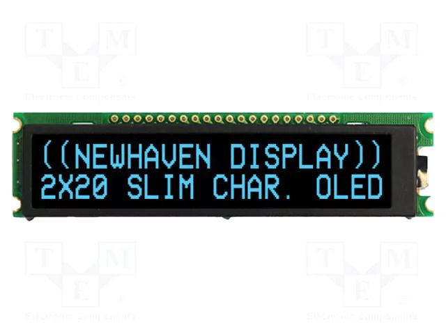 Display: OLED; alphanumeric; 20x2; Dim: 92x23.3x2.5mm; blue; PIN: 20 NEWHAVEN DISPLAY INTERNATIONAL NHD-0220CW-AB3
