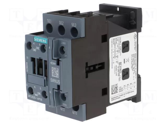 Contactor: 3-pole; NO x3; Auxiliary contacts: NO + NC; 230VAC; 17A SIEMENS 3RT2025-1AP00