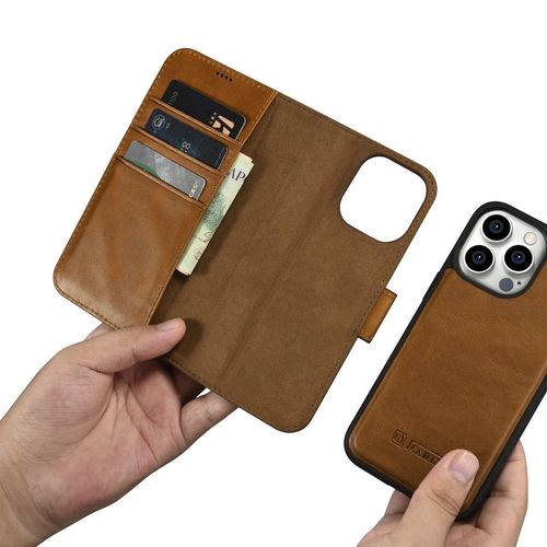 iCarer Oil Wax Wallet Case 2in1 Cover iPhone 14 Pro Anti-RFID Leather Flip Case Brown (WMI14220722-TN), iCarer 6975092686088 6975092686088