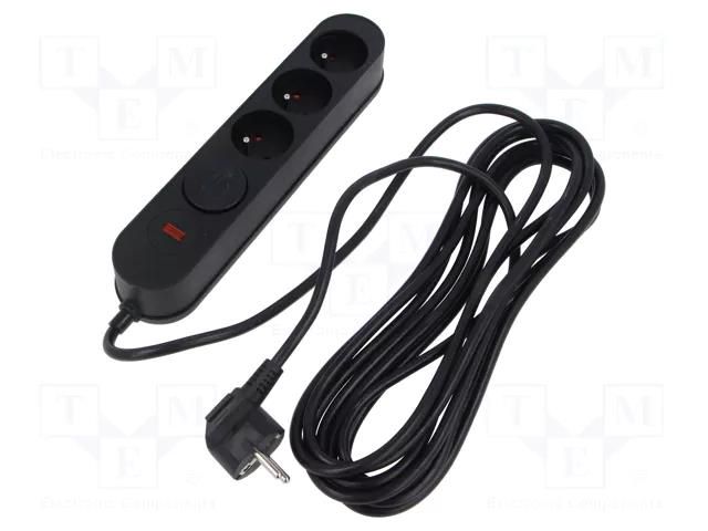 Plug socket strip: protective; Sockets: 3; 230VAC; 10A; black; 3m PLASTROL W-00012