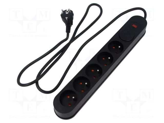 Plug socket strip: protective; Sockets: 5; 230VAC; 10A; black; 1.5m PLASTROL W-00017