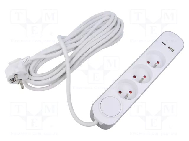 Extension lead; 3x1mm2; Schuko; Sockets: 5; PVC; white; 1.5m; 16A PLASTROL W-30000