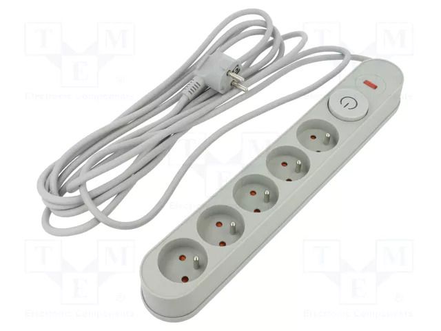 Plug socket strip: protective; Sockets: 5; 230VAC; 10A; grey; 5m PLASTROL W-00022