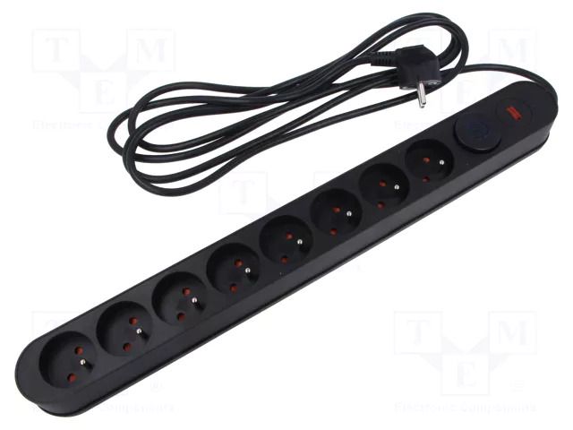 Plug socket strip: protective; Sockets: 8; 230VAC; 10A; black; 1.5m PLASTROL W-00025