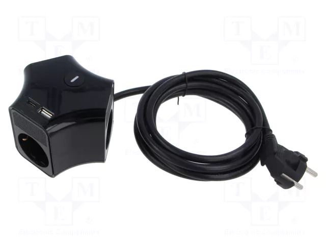 Extension lead; 3x1.5mm2; Schuko; Sockets: 5; PVC; black; 2m; 16A PLASTROL W-30018