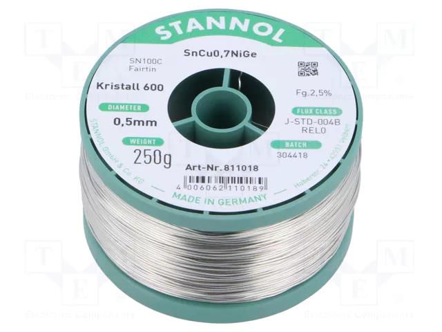 Tin; lead free; Sn99,3Cu0,7+NiGe; 0.5mm; 250g; reel; 2.5% STANNOL SN100K600/0.5/250