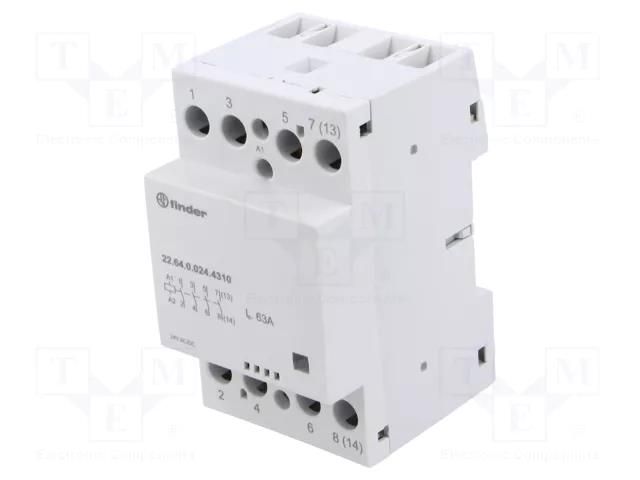 Contactor: 4-pole installation; 63A; 24VAC,24VDC; NO x4; IP20; 22 FINDER 22.64.0.024.4310