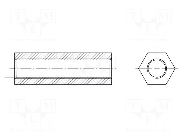 Screwed spacer sleeve; 6.35mm; Int.thread: M3; hexagonal; brass HARWIN R6391-02