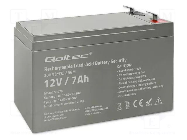 Re-battery: acid-lead; 12V; 7Ah; AGM; maintenance-free QOLTEC ACCU-HP7-12S/Q