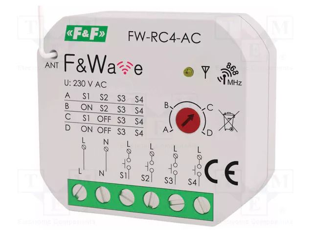 Transmitter; 230VAC; F&Wave; -25÷50°C; 868MHz; 100m F&F FW-RC4AC
