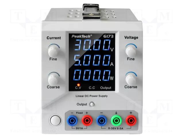 Power supply: laboratory; single-channel; Ch: 1; 0÷30VDC; 0÷5A PEAKTECH PKT-P6173