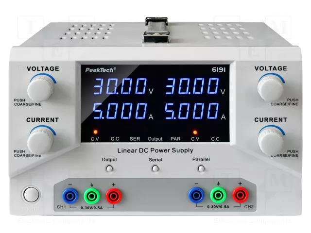 Power supply: laboratory; multi-channel; Ch: 2; 0÷30VDC; 0÷5A; 0÷5A PEAKTECH PKT-P6191