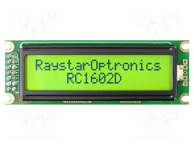 Display: LCD; alphanumeric; FSTN Positive; 16x2; green; LED; PIN: 14 RAYSTAR OPTRONICS RC1602D-FHY-ESX
