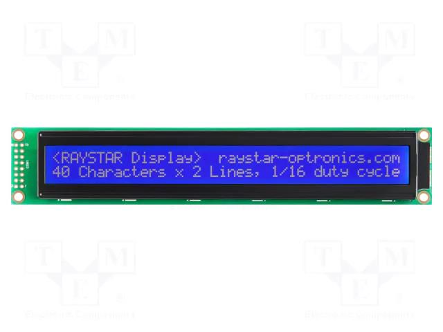 Display: LCD; alphanumeric; STN Negative; 40x2; blue; LED; PIN: 16 RAYSTAR OPTRONICS RC4002A-BIW-JSX