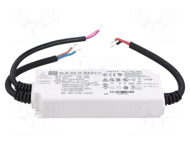 Power supply: switching; LED; 60W; 9÷54VDC; 900mA÷1.7A; 110÷305VAC MEAN WELL XLN-60-H-DA2