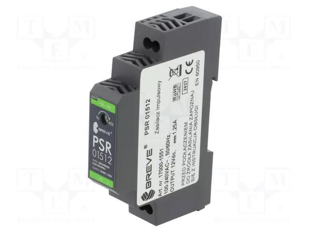 Power supply: switching; for DIN rail; 15W; 12VDC; 1.25A; IP20 BREVE TUFVASSONS PSR-01512